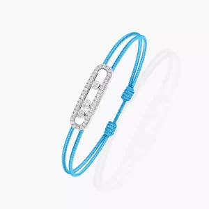 Bracciale Messika Care(s) in oro bianco e diamanti full pavè - cordino azzurro